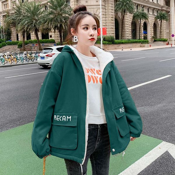 

women's down & parkas fashion streetwear big pocket hood biker jacket women casual thickening cashmere loose parka female korean style, Black