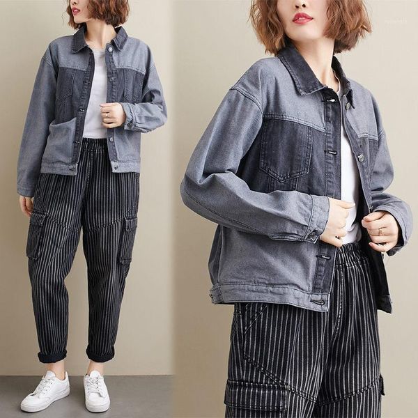 

2020 spring new turn-down collar retro denim stitching jacket women short jacket cardigan single breasted vintage shirt r2891, Black;brown