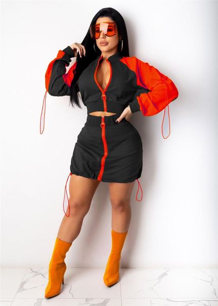 

women's tracksuits tmustobe casual two piece set women zipper drawstring mini bodycon crop matching hip skirt streetwear outfits, Gray