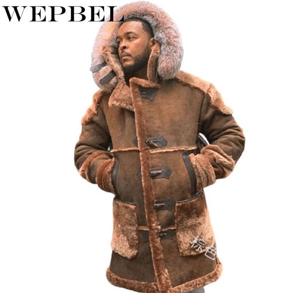 

men's down & parkas wepbel winter fashion warm shearling coat men faux suede long sleeve fur thicken hooded jacket outwear, Black