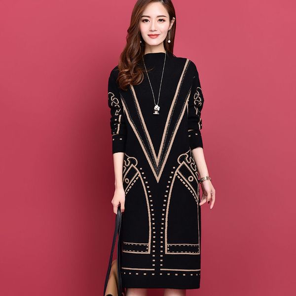 

2021 new half-high collar printed dress women's autumn winter new fashion slim mid-length long-sleeved knitted skirt over the knee im2b, Black;gray