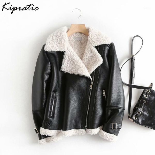 

women's leather & faux autumn winter women pu casual outwear fur thicken warm coat punk lapel lamb wool black jacket1