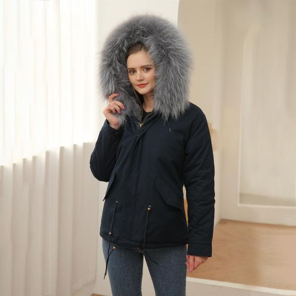 

navy out shell faux fur parka mild lining women casual coat with gray raccon collar, Black