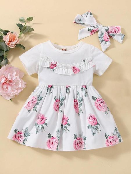 

baby floral print frill trim dress with headband she, Red;yellow