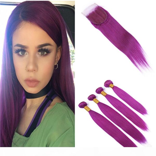 

purple colored indian human hair bundles deals 4pcs with closure straight pure purple virgin hair weaves with 4x4 lace front closure, Black;brown