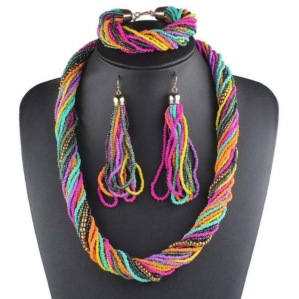 

chokers fashion vintage colorful small beads multi layer statement african bohemian jewelry 3pcs earing bracelet necklace sets for women, Golden;silver