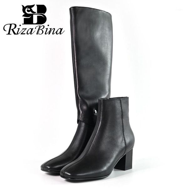 

boots rizabina real leather women knee thick heel square toe zip removable shoes warm fashion party footwear size 34-391, Black