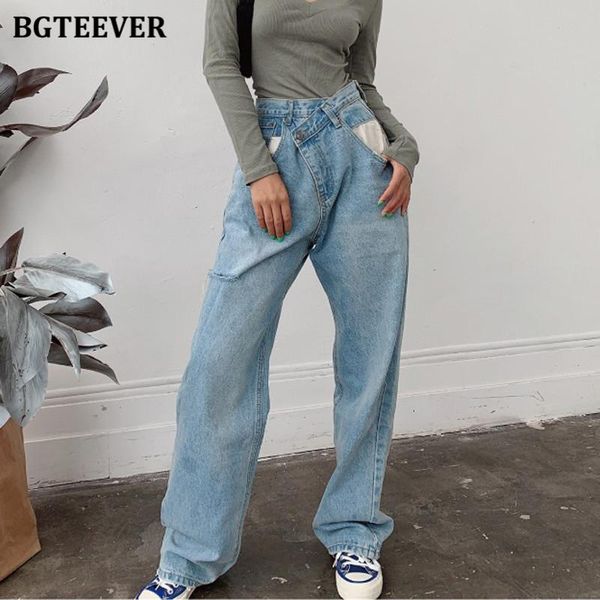 

bgteever wide leg jeans women high waist washed denim female pants aesthetic baggy mom jean fashion oversize straight trouser, Blue