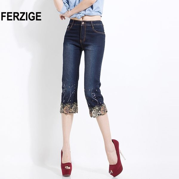

ferzige women jeans shorts korean women's folk style summer thin stretch beaded embroidery denim pants dark blue push up 36 y200822