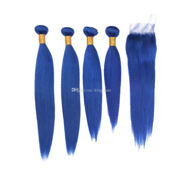 

pure blue virgin hair 4bundles extensions 10-30 inch with 4*4 lace closure colored blue silky straight hair weaves with closure 4x4, Black