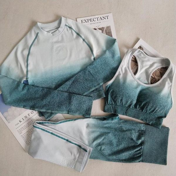 

3pcs yoga set ombre seamless leggings bra long sleeve shirt crop women running gym sportswear high waist fitness sports suit, White;red