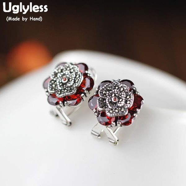 

uglyless vintage thai silver marcasite studs earrings for women garnet flower earrings solid 925 silver brincos fine jewel e1629, Golden;silver