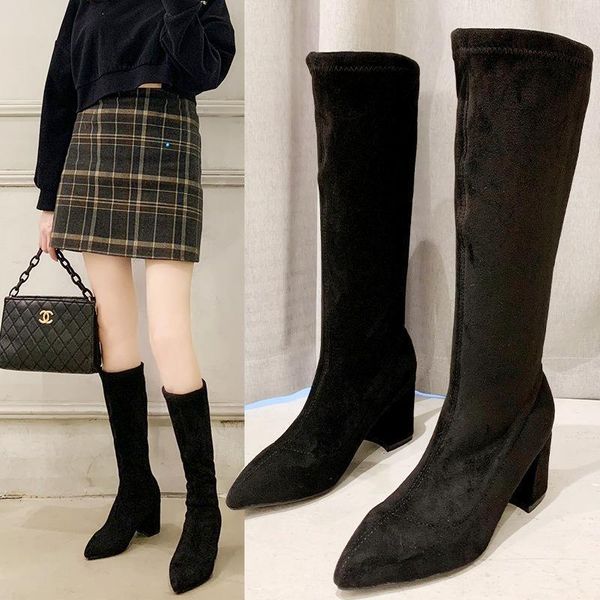 

boots shoes winter footwear thigh high heels high boots-women 2020 over-the-knee pointy autumn rubber, Black