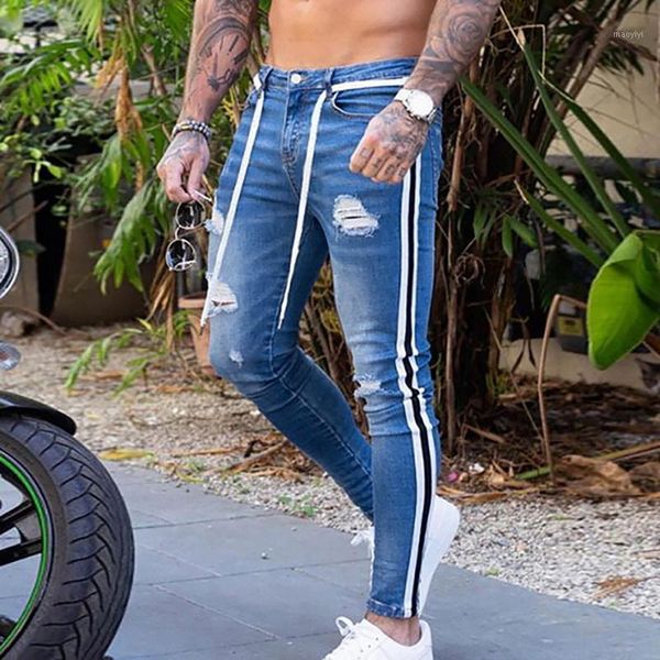 

trendy men skinny jeans biker destroyed frayed fit denim ripped denim pants side stripe pencil pants hip hop streetwear1, Blue