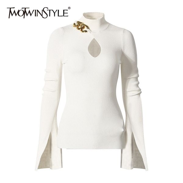 

twotwinstyle patchwork chain knitted pullovers for women turtleneck flared collar hollow out slim sweater female fall new 201222, White;black