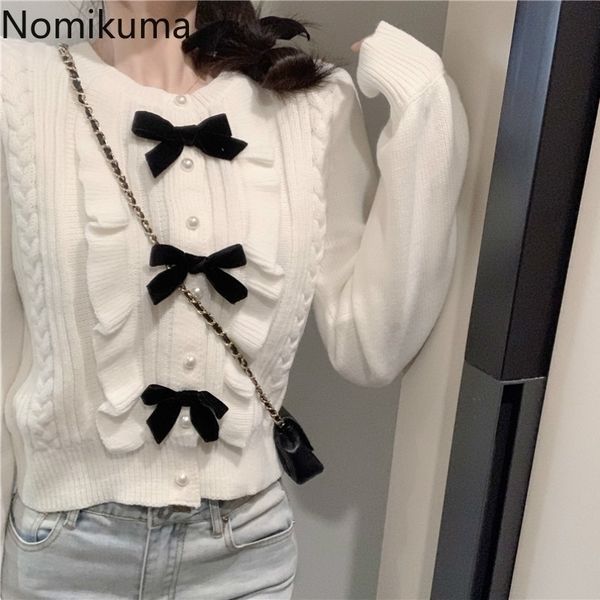 

nomikuma korean sweet ruffle bowknot sweater jacket autumn winter short knitted coat long sleeve women slim knitwear 6c782 201202, White;black