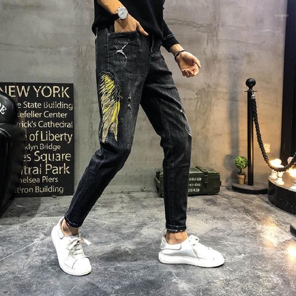 

casual men wing embroidery stretch slim fit black jeans1, Blue