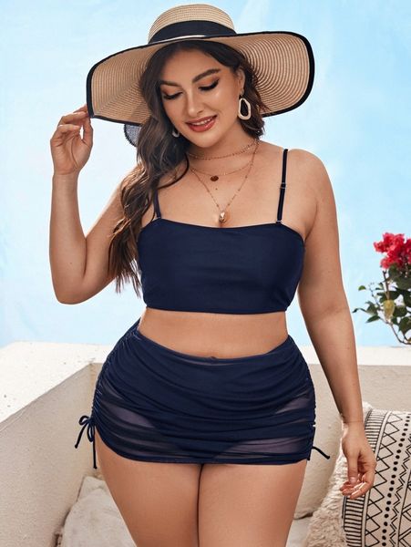 

plus high waisted bikini swimsuit & drawstring cover up n3kk#, Black