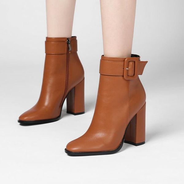 

boots simple buckle ankle woman fashion zipper thick high heel short 2021 black beige brown round toe brand winter