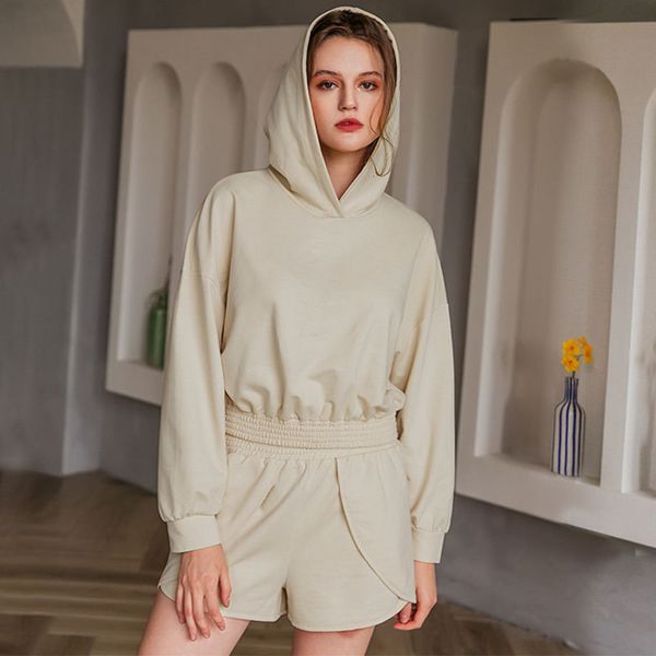 

shorts autumn 2020 color women's solid 2-piece fashion casual sweater sports suit for women, Gray