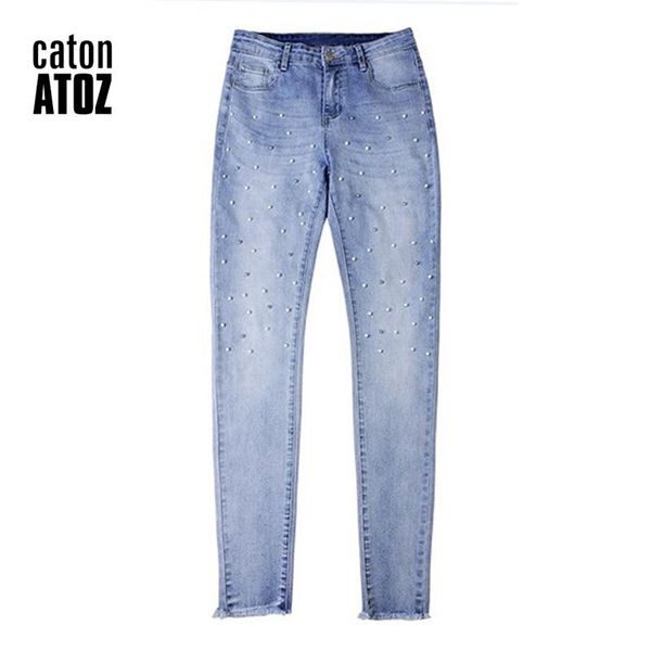 

women's jeans catonatoz 2147 high waist ladies cotton pearl denim pants stretch womens ripped skinny for female, Blue