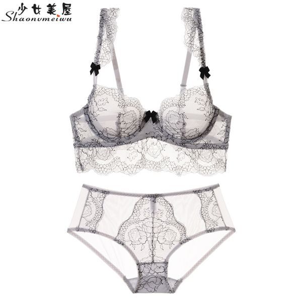 

shaonvmeiwu lace transparent seductive lingerie set ladies on the support bra ultra-thin see-through bra c1212, Black;white