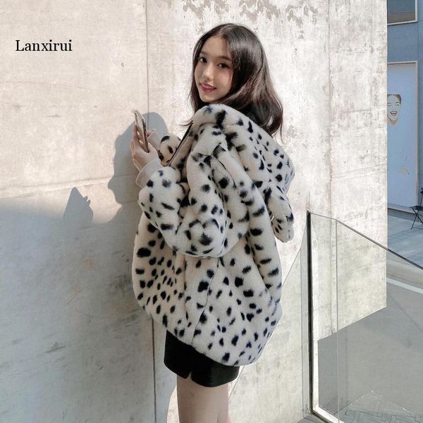 

new winter women faux fur coat leopard print plush hooded jacket fashion sweet soft thick warm outwear streetwear, Black
