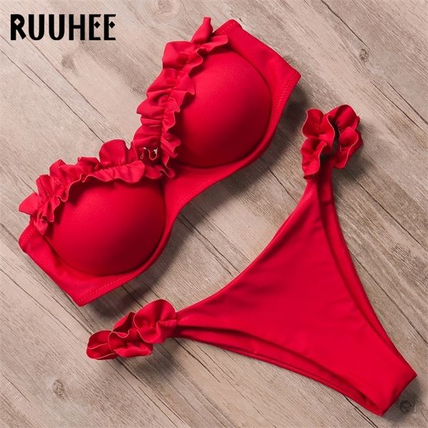 

ruuhee bandeau bikini swimwear women swimsuit ruffle bikini set push up bathing suit female brazilian leopard swimsuit 2019 y1120, White;black