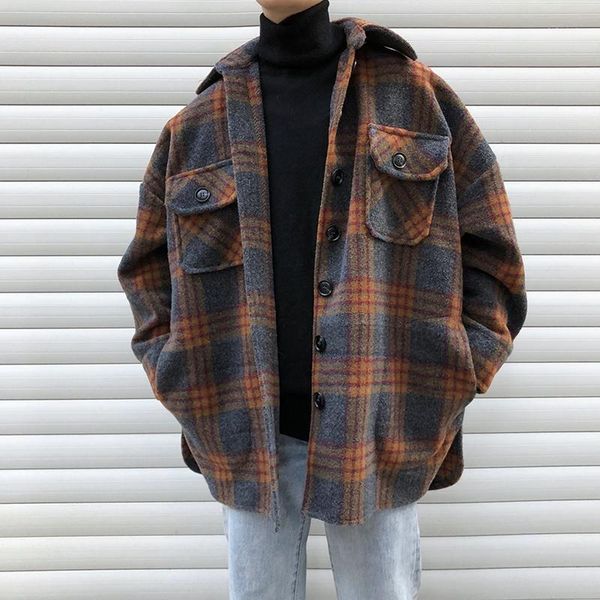 

winter woolen coat men warm overcoat fashion retro hit color tartan woolen jacket men streetwear loose long jacket man1, Black