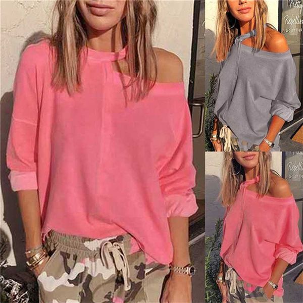 

women's solid t-shirt fashion spring casual long sleeve off shoulder o-neck loose sweatshirt 2 color, White