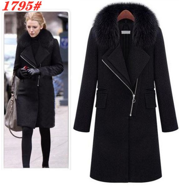 

new winter fox collars cashmere long with thick wool cloth coat of cultivate one's morality in the women's clothing, Black