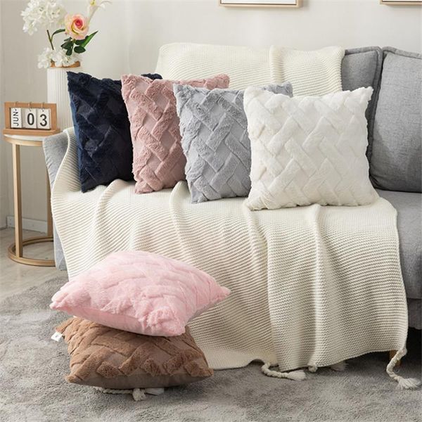 

cushion/decorative pillow faux fur cushion cover 2021 winter warm solid plush plaid throw pillowcase for sofa home room decorative kussenhoe