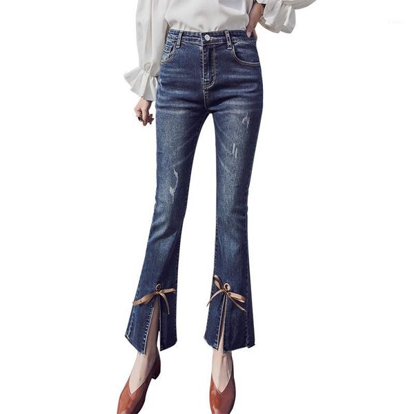 

women's jeans pengpious flare denim pants for fashion lady high waist slim fit women bowknot at hem wrikle blast wash1, Blue