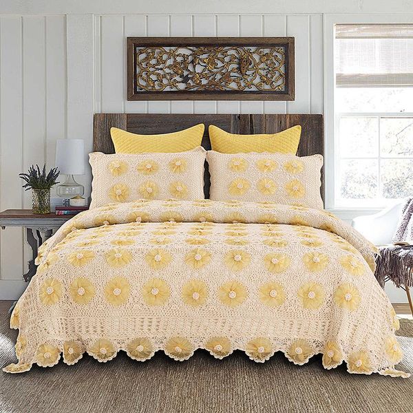 

3 colors handmade knitted bedspread 220x240 5pcs cotton quilt crochet yarn bed cover pillowcase king size lace coverlet sheet
