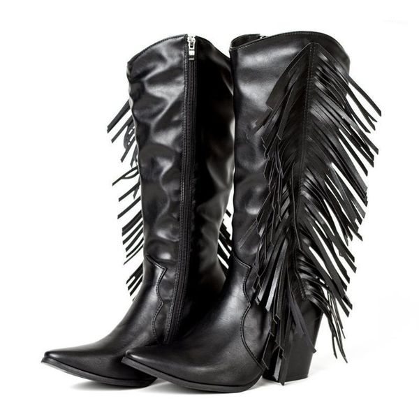 

boots karin brand design fashion shoes women vintage western fringe pointed toe chunky heels autumn short plush1, Black