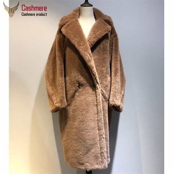 Cappotti sciolti in lana di alpaca con pelliccia di orsacchiotto da donna Inverno caldo addensare Cappotto rosso classico da donna 201211