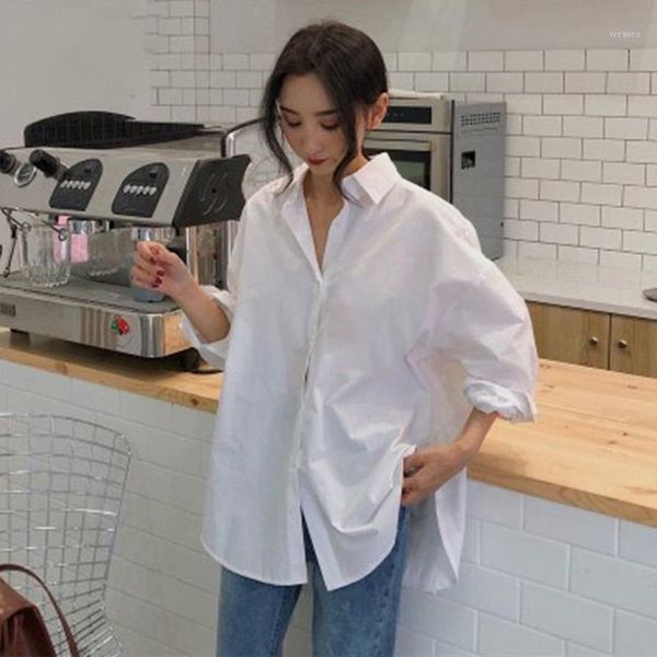 

2021 spring women shirts plain loose oversized blouses female loose office button long sleeve white blouse1