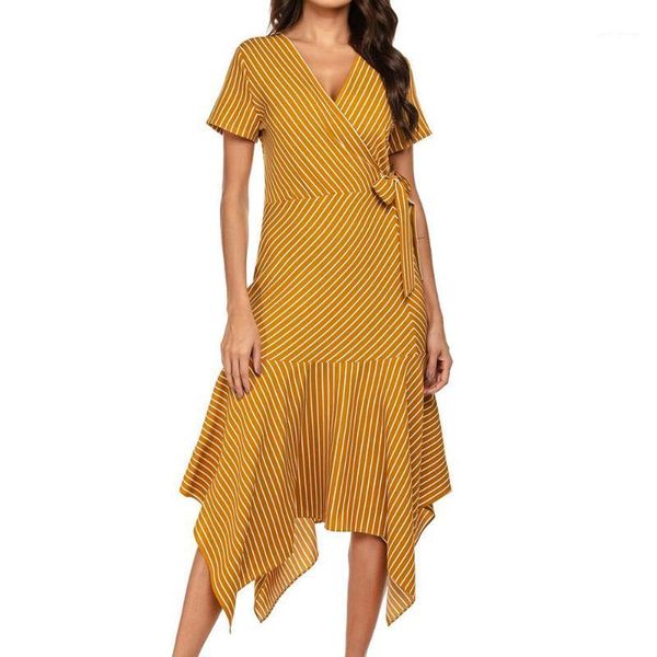 

orange white striped dress women irregular v-neck short sleeve vintage female belt office lady summer 2020 midi sundress vestido1, Black;gray