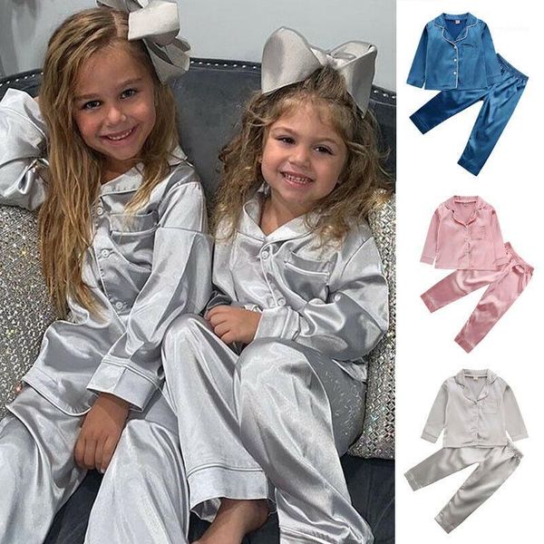 

toddler baby kids girls satin pajamas set long sleeve button-down sleepwear pjs1, Blue;red