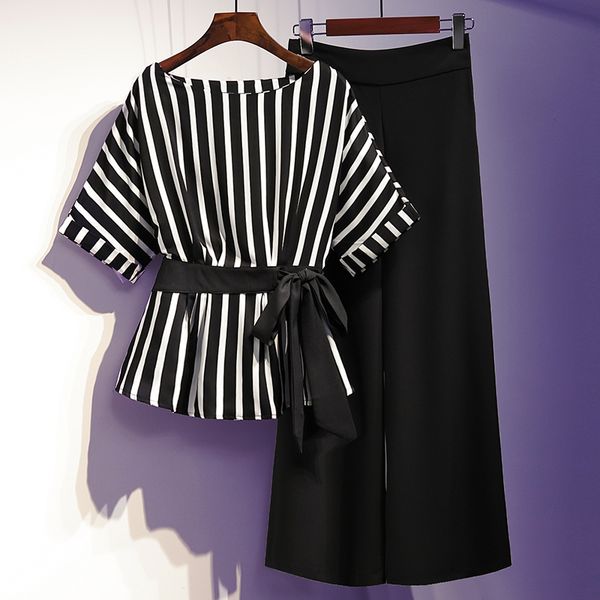 

2020 new striped blouse & wide leg pants set plus size two piece set lounge wear summer clothes for women t200702, White
