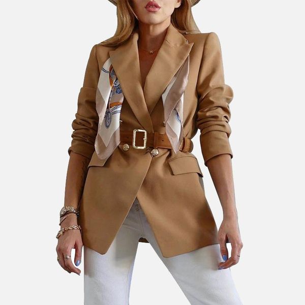 

women's suits & blazers autumn khaki irregular belt blazer long sleeve notched double breasted pocket female coat solid office elegant, White;black