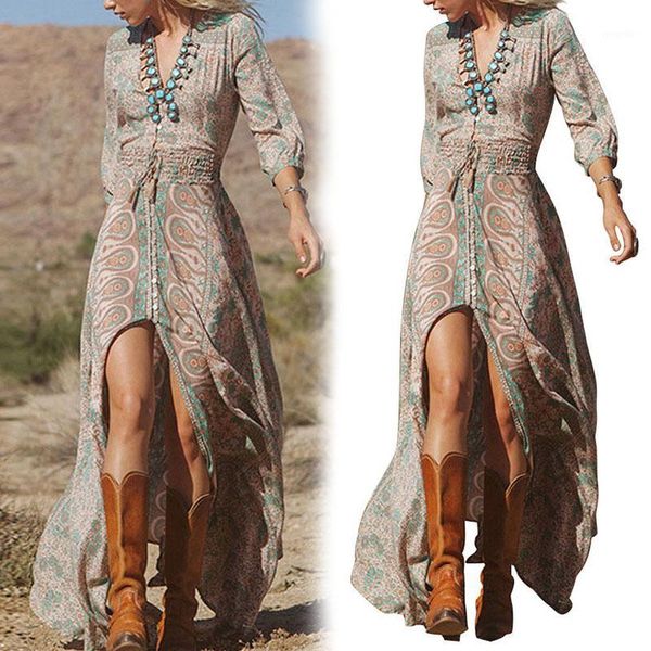 

women dress boho v-neck floral printed casual beach long maxi dress hsj881, Black;gray