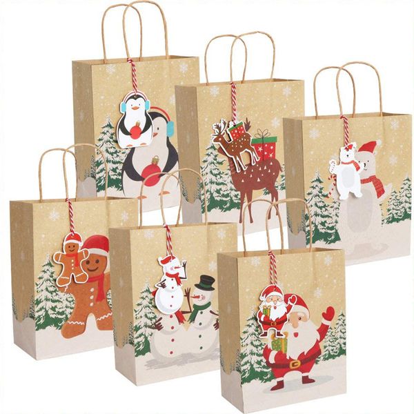 Sacchetti regalo di Natale Sacchetto di carta Kraft con manico e tags regalo Pacchetto di caramelle Xmas Decor Forniture del partito JK2011KD