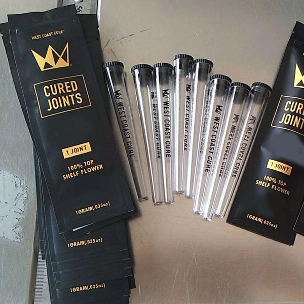 

3joint west coast cured joints bags packagee +plastic tubes packaging 2020 moonrock preroll pre-rolled tube packaging zip lock package