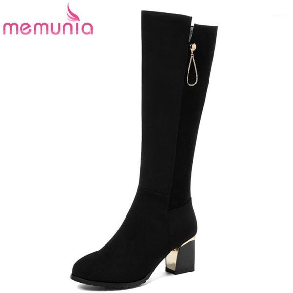 

boots memunia 2021 autumn winter women high heel knee round toe flock zip fashion casual shoes ladies1, Black