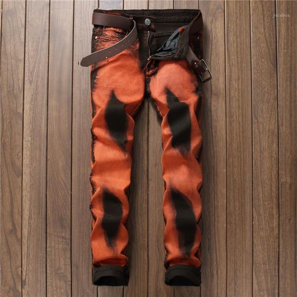 

wholesale-men's casual hand-painted print jeans club night barber jeans fashion slim straight orange stretch denim pants long trousers1, Blue
