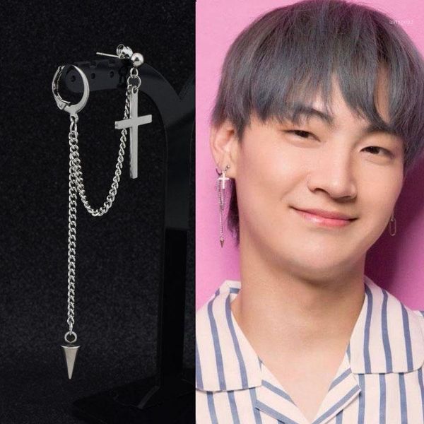 

punk ear clip cuff earrings women cross tassel chain stainless steel rock stud earring boys guys grunge accessories gift1, Golden;silver