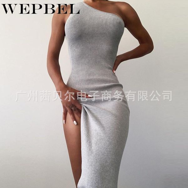 

women one shoulder knitted long pencil dress ladies elegant sleeveless split sheath dress ankle-length maxi dress q1210, Black;gray