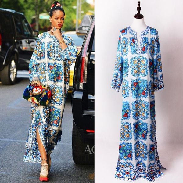 

s-4xl 2020 new fashion runway blue and white printing hand-beaded v-neck long-sleeved loose hem slit dress women1, Black;gray