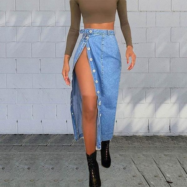 

casual denim skirt split hip skirt fashion buttons for women high waist & club, Black